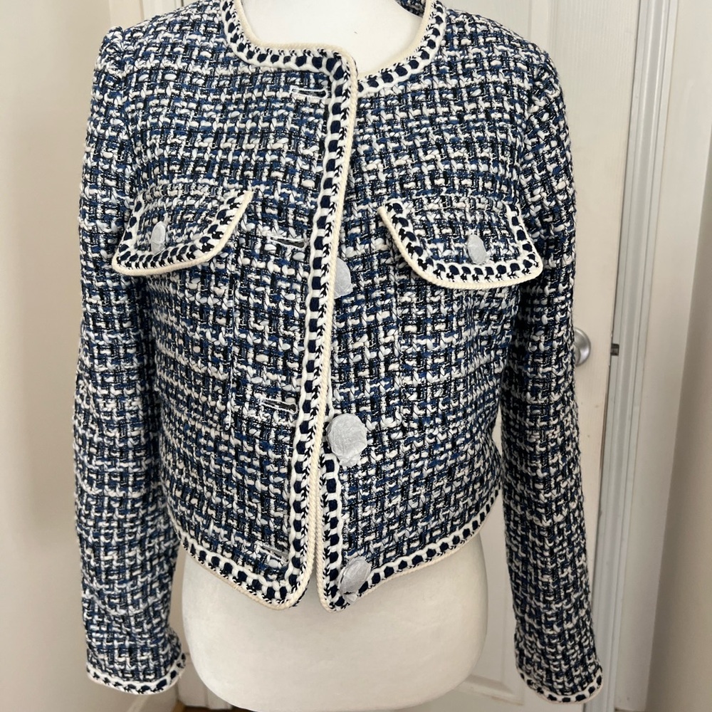 Christian Lacroix Navy and White Tweed Cropped Blazer